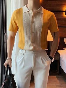 Summer Casual Slim Short Sleeve Polos Mens Skjorta Fashion Striped Patchwork Shirts Men Turndown Collar Knappade toppar 240318