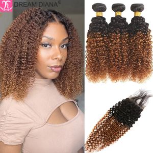 Closure DreamDiana 9A Malaysian Kinky Curly Bundles With Closure Remy Ombre Afro Curly Hair With Closure 100% Human Hair With Closure