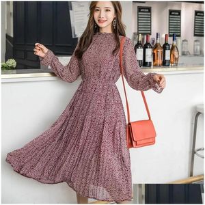 Abiti casual di base Abito estivo Elegante O-Collo Stampa floreale Donna Manica Fl Elastico Vita sottile Chiffon A-Line Vestido lungo Drop Deli Dhdxq