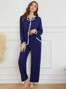 Startseite Bekleidung Pipe Tirm Damen-Pyjama-Sets mit Knopfleiste, langen Ärmeln, Umlegekragen, Oberteil, durchgehende Hose, 2-teilig, Nachtwäsche, Nachtwäsche