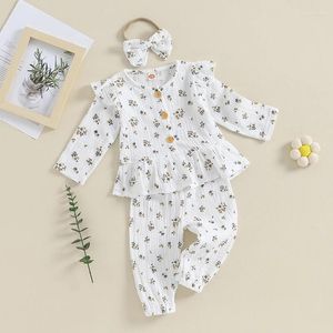 Clothing Sets Toddler Baby Girl Clothes Cotton Linen Outfit Ruffle Long Sleeve Button Down Top Pants Headband Cute 3Pcs Set