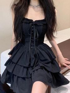Casual Dresses Qweek Gothic Goth Harajuku Sexig Slip Dress Ruffles Y2K Streetwear Dark Punk Cake Party Korean Fashion 2024 Summer