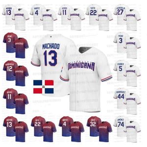 Maglia dominicana del mondo di baseball 2023 22 Juan Soto 13 Manny Machado 22 Robinson Cano 24 Gary Sanchez 50 Hector Neris 53 Cristianr Javier Nazionale