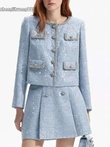 Vestido de peça duas mulheres terno azul tweed berding lantejck de juba