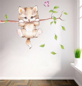 cute cat butterfly tree branch wall stickers for kids rooms home decoration cartoon animal wall decals diy posters pvc mural art3999634