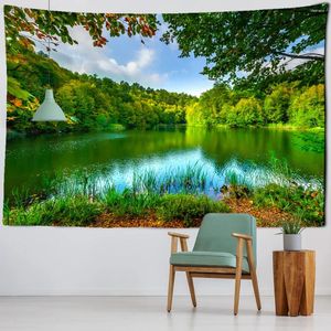 Tapeçarias Montanha Água Paisagem Tapeçaria 3D Impressão Verde Planta Árvore Natural Cenário Parede Pendurado Casa Sala de estar Dormitório Decoração