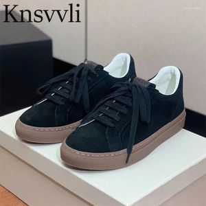 Scarpe casual Sneakers Donna Punta tonda Stringata Suola spessa Donna Pelle scamosciata di mucca String Bead All'aperto Comfort Donna piatta