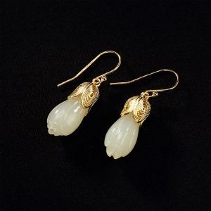 Orecchini Orecchini per donna Orecchini in argento Giada Bigiotteria vintage Orchidea dorata Pietra preziosa Loto Oro Piccoli orecchini a bottone