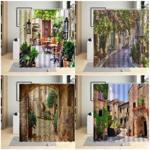 Tende da doccia Europea Vintage Street Scenery Tenda Country Style Piccola città Fiore Bagno Decor Panno in poliestere appeso Se