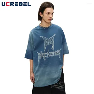 Men's T Shirts Print Letter Short Sleeve T-shirt Mens Gradient Dyed High Street Summer Half-Sleeve Crew Neck Cotton Tshirt Men Tee