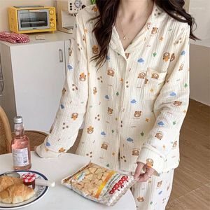 Hemkläder Vinterpyjamas björn blommor tryckta damer Set löst tunna lapel långa ärmar Gaze Cotton 2st Sleepwear Homewear