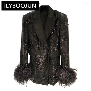 Ternos femininos ilyboojun lantejoulas blazer preto para mulher gola entalhada manga longa retalhos penas manguito blazers sólidos roupas femininas