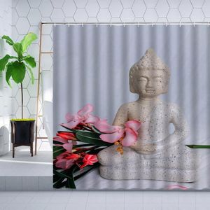 Tende da doccia Tenda Zen Statua di Buddha Orchidea Verde Bambù Pietra Spa Stampa Decorazione domestica Set di schermi per vasca da bagno