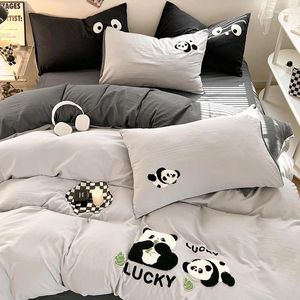 Bettwäsche-Sets, süßes Panda-Baumwoll-Set, Kawaii bestickt, Bettbezug, Bettlaken, flaches/Spannbetttuch, Leinen, Kissenbezug für Kinder