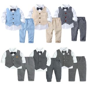 2023 Kids Boys Gentleman Party Suit Cotton Kamizelka Biała koszula Bow Tiestriped Vesttriped Wedding Dzieci Formalne ubrania 240328