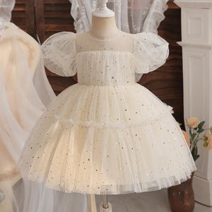 Toddler Girl Party Princess Dress Baby Champagne 1st Birthday Outfits Kids Summer Puff Sleeve Sequin Tutu Gown Girl Gala Clothes 240323