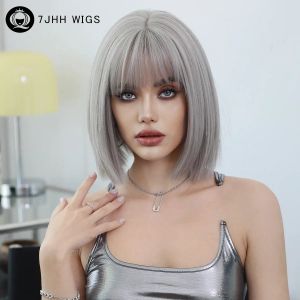 Wigs 7JHHWIGS Synthetic Ash Silvery Bob Wig for Women Daily Party High Density Layered Short Straight Cut Hair Wigs with Bangs 12Inch
