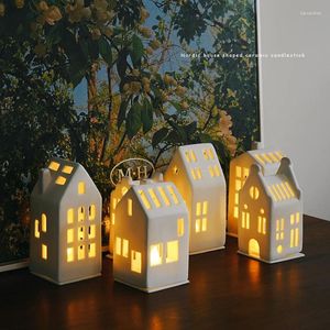 Candle Holders Ceramic Holder Hollowed Out Small House Candlestick Home Warm Decoration Ornaments