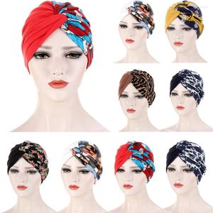 Etniska kläder tryck Twist Knot Turban Women Skallies Muslim Hijab Chemo Cap Cancer Hat Beanies Bonnet Stretch Hair Loss Head Cover