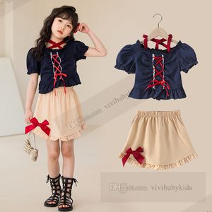 Summer Girls Bows Princess Clothes Set Kids Lace-Up Ruffle Collar Puff Sleeve Tops Elastic Wiast kjol 2st Fashion Children Outfits Z7461