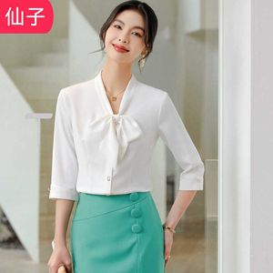 Primavera/verão nova meados de manga arco das mulheres camisa branca edição coreana temperamento fino ajuste vestido profissional ocidental
