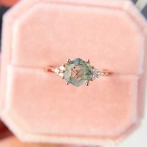 Кольца Luxyimage, кольцо с натуральным моховым агатом и драгоценным камнем для женщин, твердое серебро 925 пробы, корейский тренд, шестиугольные обручальные свадебные украшения