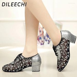 Sapatos de dança Dileechi adulto latino feminino primavera e verão malha amizade quadrado fundo macio de salto baixo