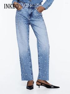 Kvinnors jeans koreanska pärlpärlor kvinnor hög midja denim byxor kvalitet 2024 vår sommaren rak ben mode inkeseo 3b027