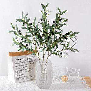 Flores decorativas 3 pçs ramo de oliveira artificial planta folhas verdes pólo alto material de flor falsa decoração arranjo de casamento