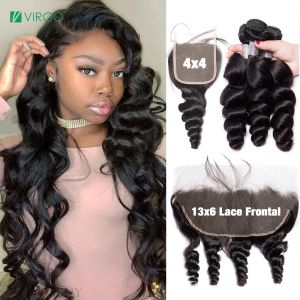 Closure Virgo 28 30 Inch Loose Deep Wave Bundles With Frontal Hd Lace 13X6 Loose Wave Brazilian Hair Weave Bundles With Frontal Closure