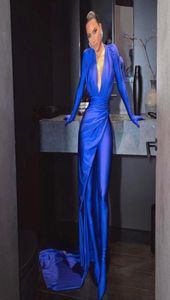 Вечернее платье женская одежда Balqeesfathi Nawalelzoghbi Kylie Jenner Синее с v-образным вырезом и шлейфом с длинными рукавами Yousef aljasmi Silver Cryst8852044