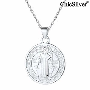 Necklaces Chicsier Saint Benedict Cross Necklace for Men Women Sterling Sier Round Pendant Coin Medallion Talisman Amulet Jewelry