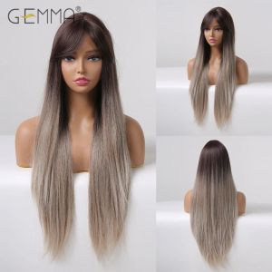 Peruker lång syntetisk ombre choklad brun grå peruk med lugg raka cosplay naturliga peruker för svarta kvinnor värmebeständigt falskt hår