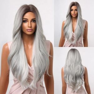 Wigs Ombre Gray Silver Synthetic Wig With Dark Roots Middle Part Long Wavy Wigs for Black Women Afro Cosplay Daily Wig Heat Resistant