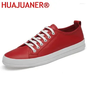 Casual Shoes Red Sneakers Men Genuine Leather Handmade Footwear Top Quality Lace-up Travel Fashion Male Leisure Walk Flats