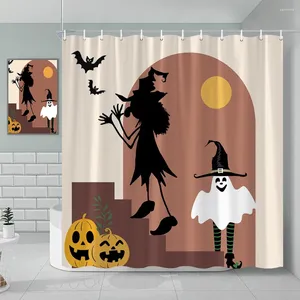 Tende da doccia Tenda di Halloween Strega Fantasma Silhouette Raccolta autunnale Sfondo geometrico moderno Decorazione del bagno pipistrello zucca