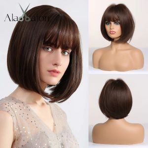 Perucas Alan Eaton curto lisado marrom escuro Wigs com franja para mulheres Bob Wig Resistente ao calor Bobo Hairstyle Cosplay Wigs