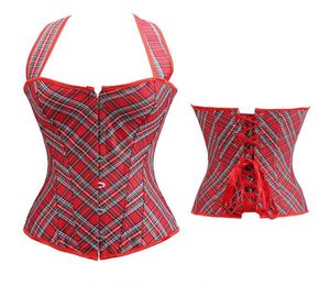 Red Checked Halterneck Corset and GString Set Women Fashion Plus Size S6XL British Style Plaid Overbust Laceup Corsetlet8937473