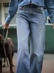Kvinnors jeans lyxiga Rhinestone Beading Denim Pants Hög midja för kvinnor 2024 Spring Autumn Wide Leg Byxor Korean Inkeo 3B026