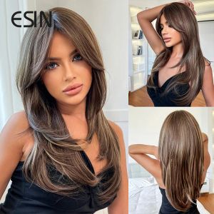 Peruker esin 24 tum syntetiska peruk medium wavy ombre blandade mörka blondin peruker för kvinnor ombre lager hår naturliga dagliga partier peruker