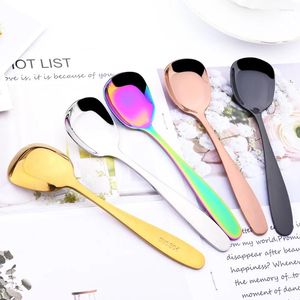 Flatware Sets Plat Bottom Spoon Cutlery Stainless Steel Set Square Dinner Spoons Dinnerware Child Long Handle Ice Cream Dessert Salad