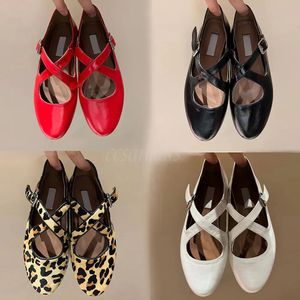 Designer Luxury AL Shoes Women Ballet Flats Hollowed Out Mesh Sandal Mules Round Head Rhinestone Rivet Buckle Mary Genuine Leather Jane Shoes Loafers Slide