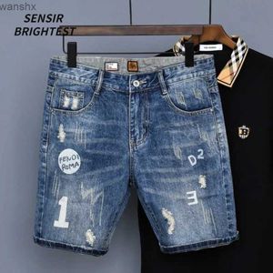 Jeans masculinos verão shorts jeans masculinos high street novo zero buraco impressão coreano moda conjunto masculino caprisL2404