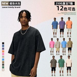 メンズTシャツ250gピュアコットンTシャツ2024夏の重いビンテージドゥオールドウォッシュソリッドカラーラウンドネックショートスリーブカジュアルとコム