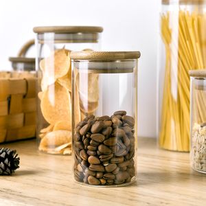 Kitchen High Borosilicate Bamboo Lid Glass Storage Jar Round Thickened Transparent Storage Sealed Cereal Tea Jar