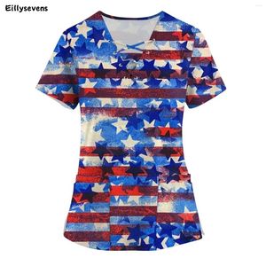 Kvinnors T-skjortor Independence Day T-shirt Skyddande Workwear Round Neck Pullover Clothing Sale Tryck V Double Pocket Top