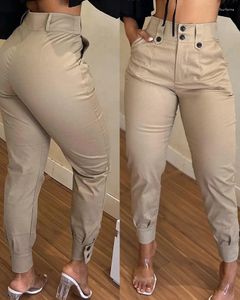 Pantaloni da donna tasche con bottoni matita tinta unita pantaloni casual kaki a vita alta 2024 moda estiva streetwear lunghi