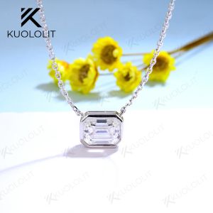 Necklaces Kuololit 2ct Emerald Cut Moissanite Necklaces for Women Solid Sterling Sier Bezel Set Necklace for Engagement Bridal Gift