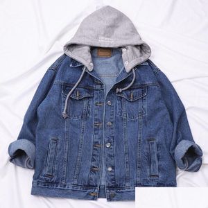 Womens Jackets Autumn 2021 Korean Washed Black Loose Removable Hooded Women Denim Jacket Couple Plus Size Fashion Bomber Vetement Drop Dhamd