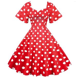 Vestidos de festa retro 80s 90s vermelho polka dot print swing vestido feminino elegante ruched cintura alta a linha temperamento vintage